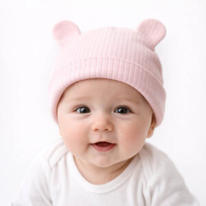 Newborn ribbed baby hat worn by baby featuring soft pink fabric and bear ears