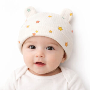 Newborn star print baby hat worn by baby featuring soft cream fabric and bear ears
