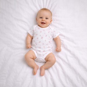 Pink floral baby bodysuit worn by a baby during everyday wear