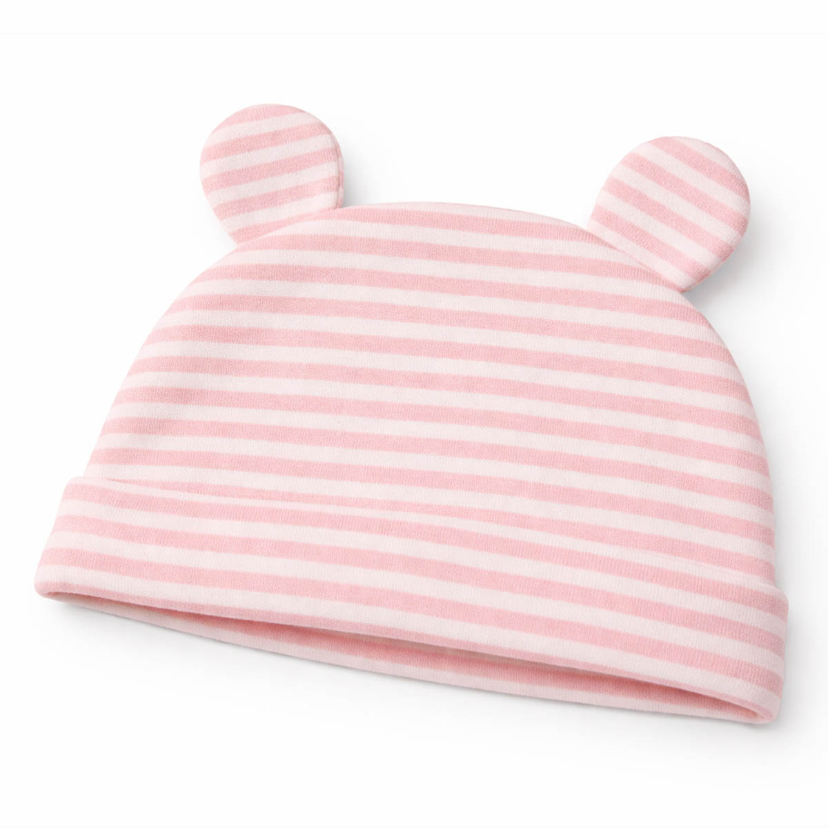 Soft pink newborn striped baby hat displayed in studio flat lay