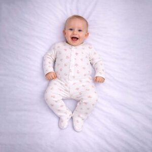 White floral baby sleepsuit worn by baby showing delicate pink flowers on white fabric