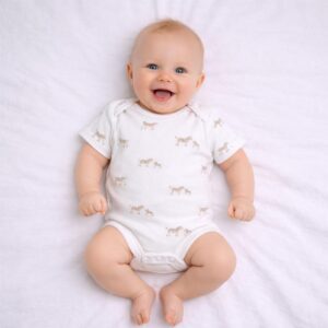 Zebra print baby bodysuit worn by a baby during everyday wear